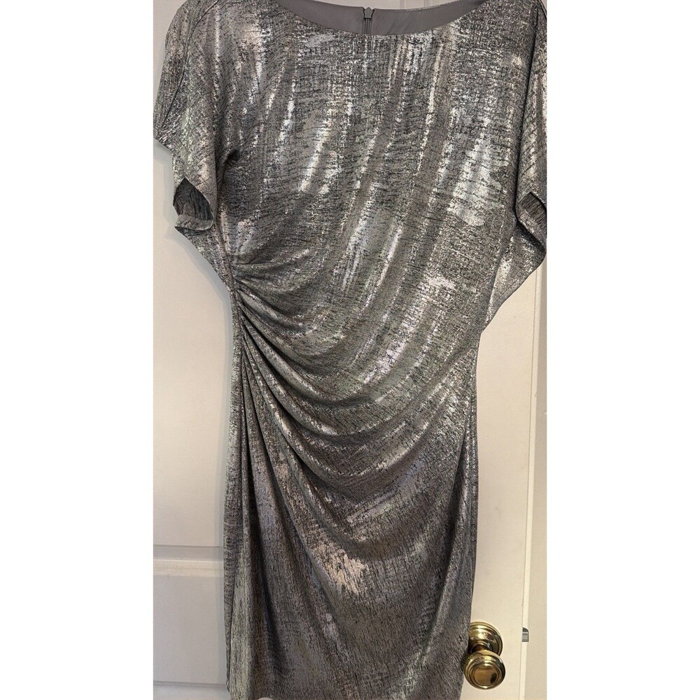 Vince Camuto Silver Ruched Cowl Neck Sleeveless Sheath Dress Stretch Size 10